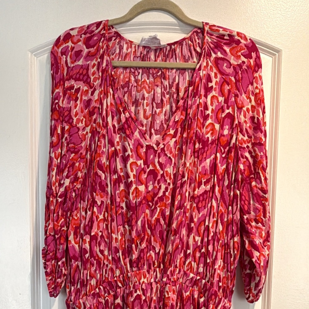 Women's Pink & Orange Printed V-Neck Tiered Dress